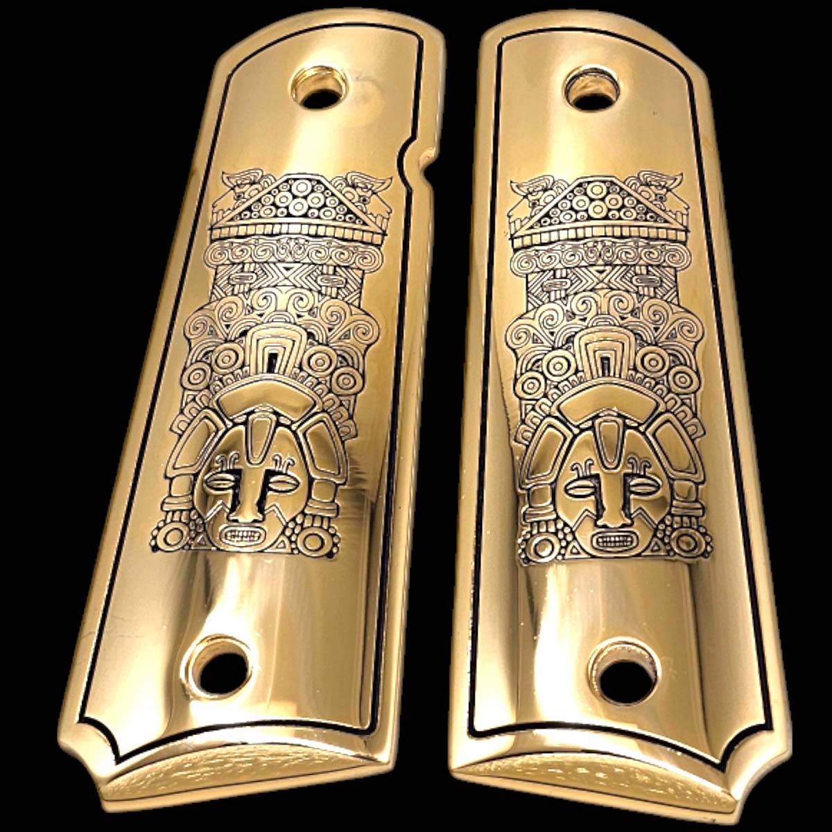 アンティークな黄銅製持ち手付き手焙り（波兎や雷紋などの装飾金工） 1911 Full-Size Grips - Aztec Warrior Deep Engraved Design - 24K
