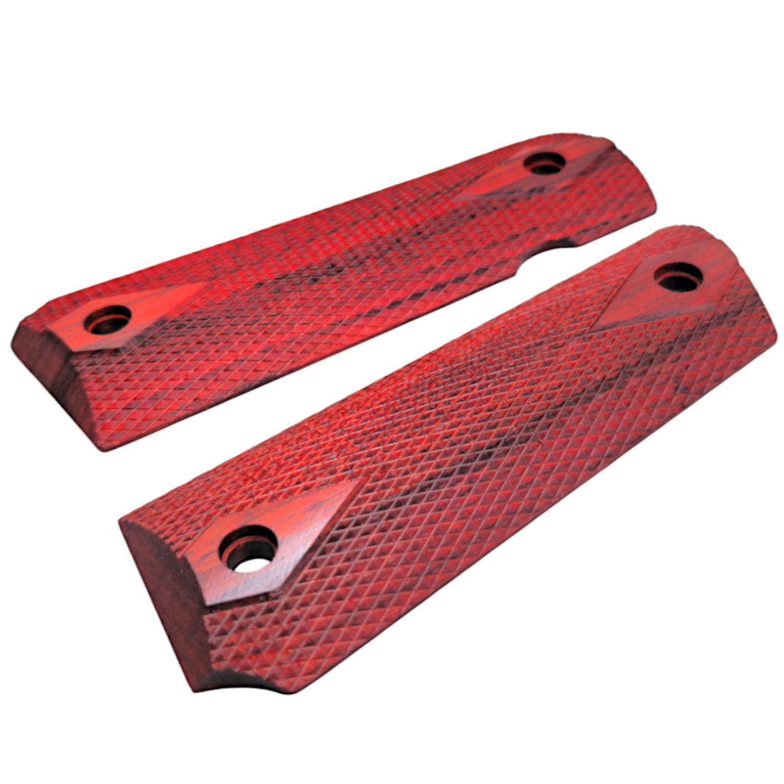Angled view of ambidextrous safety cut on rosewood 1911 pistol grips