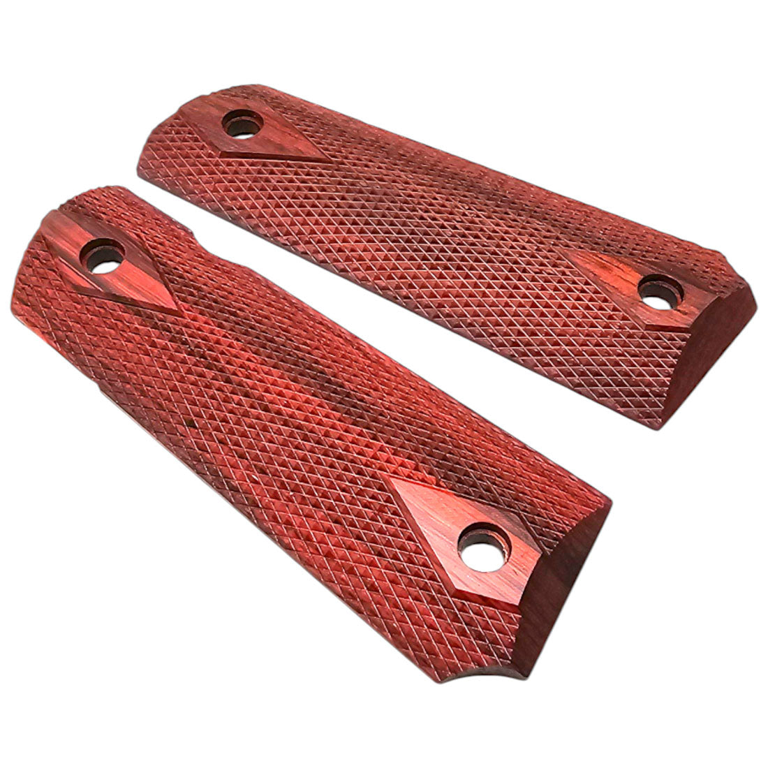Close-up of double diamond texture on 1911 rosewood grips for improved control