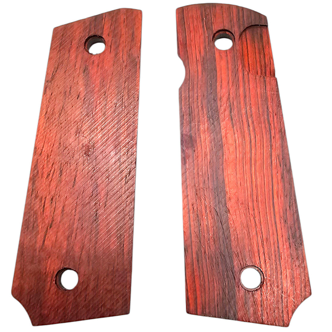Backside view of original 1911 rosewood grips with screw hole alignment