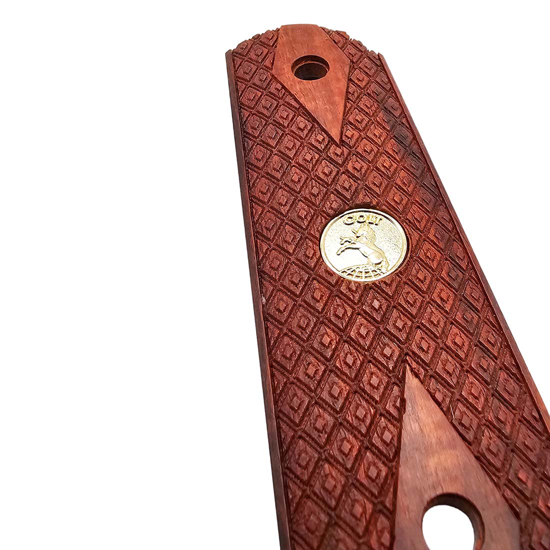 Close-up of full-size 1911 rosewood pistol grips with gold Colt inlay