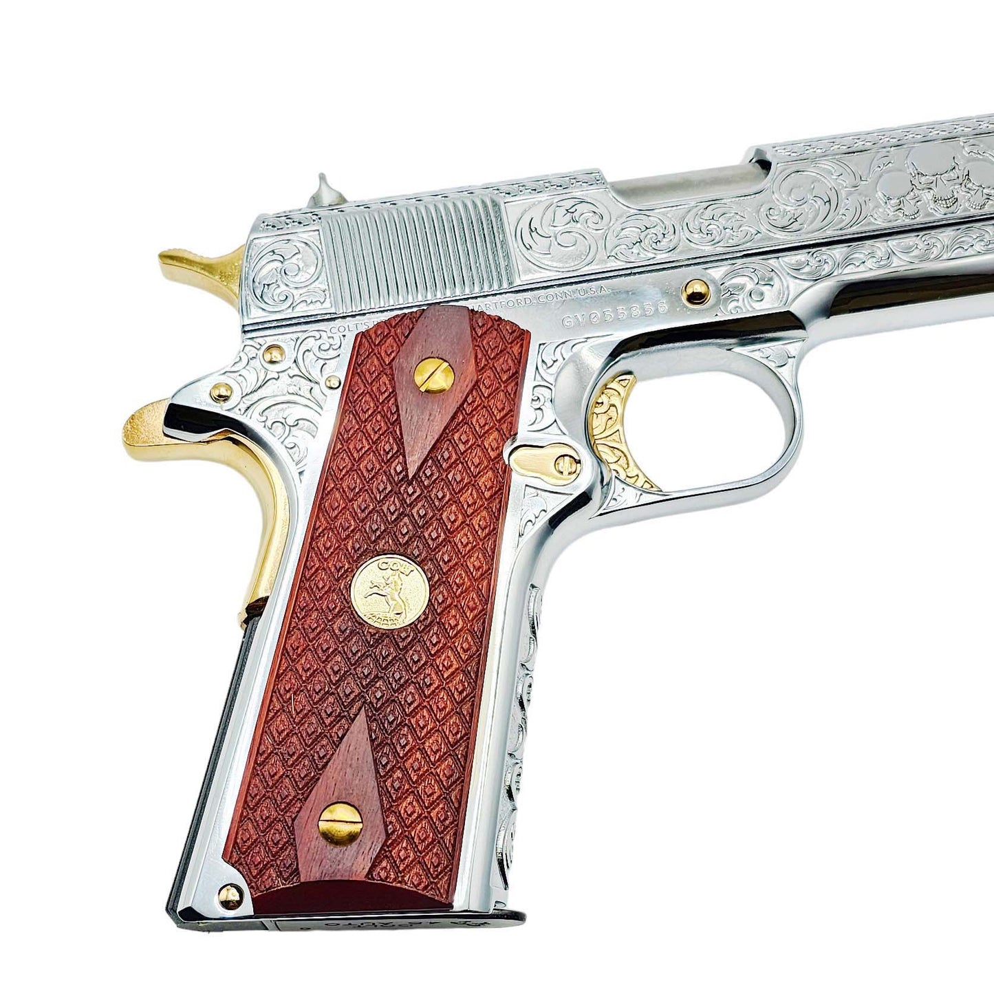 Pair of handcrafted rosewood grips for 1911 pistol – gold medallion detail