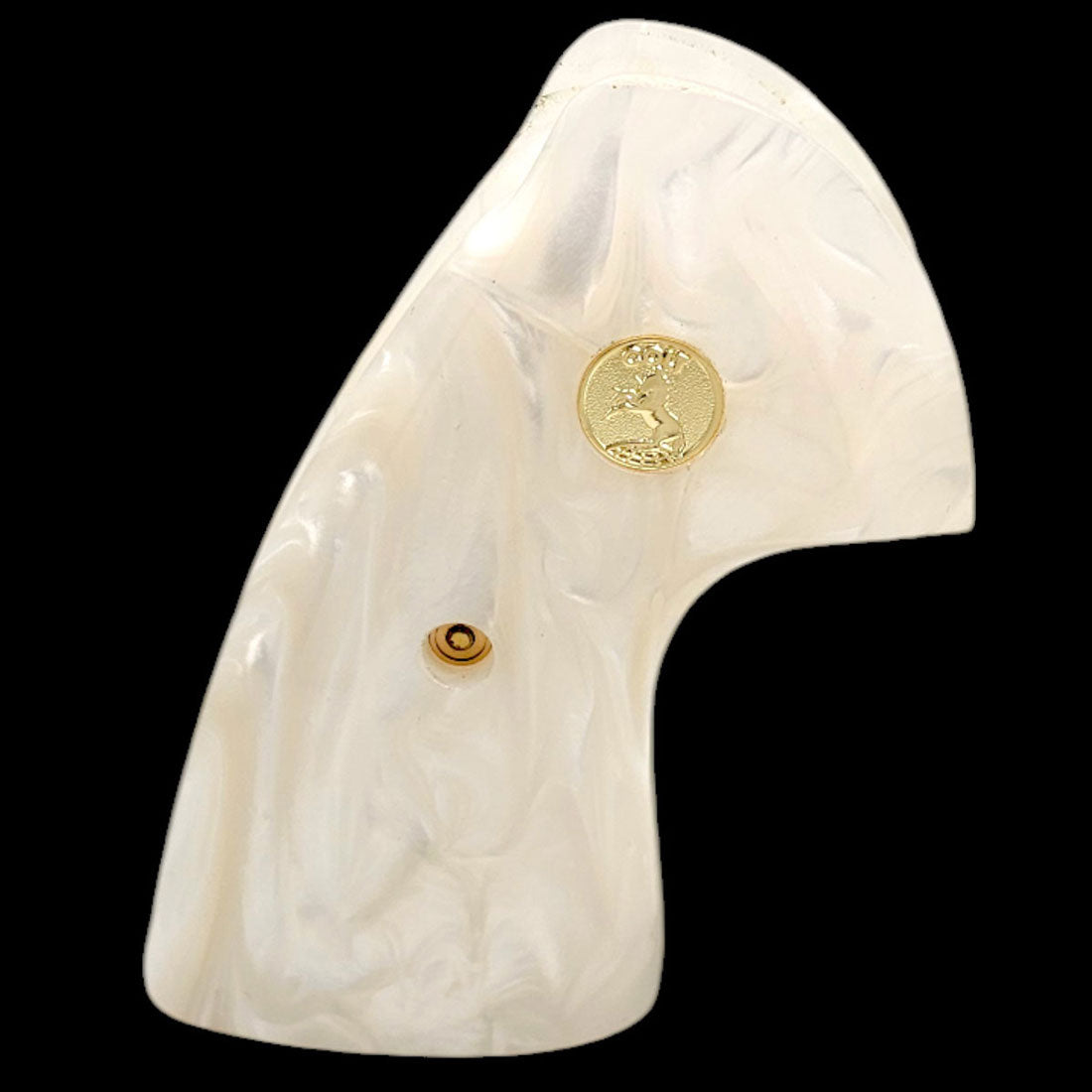 Close-up of pearl polymer grip with gold-plated screw and Colt medallion