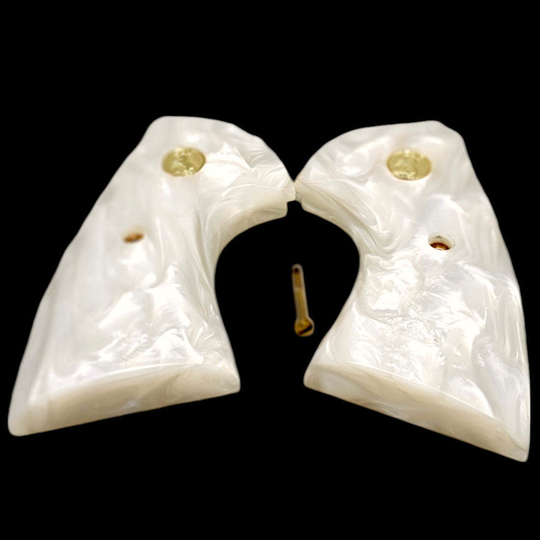 Premium white pearl grips for Colt Python and Anaconda revolvers with gold medallion detail