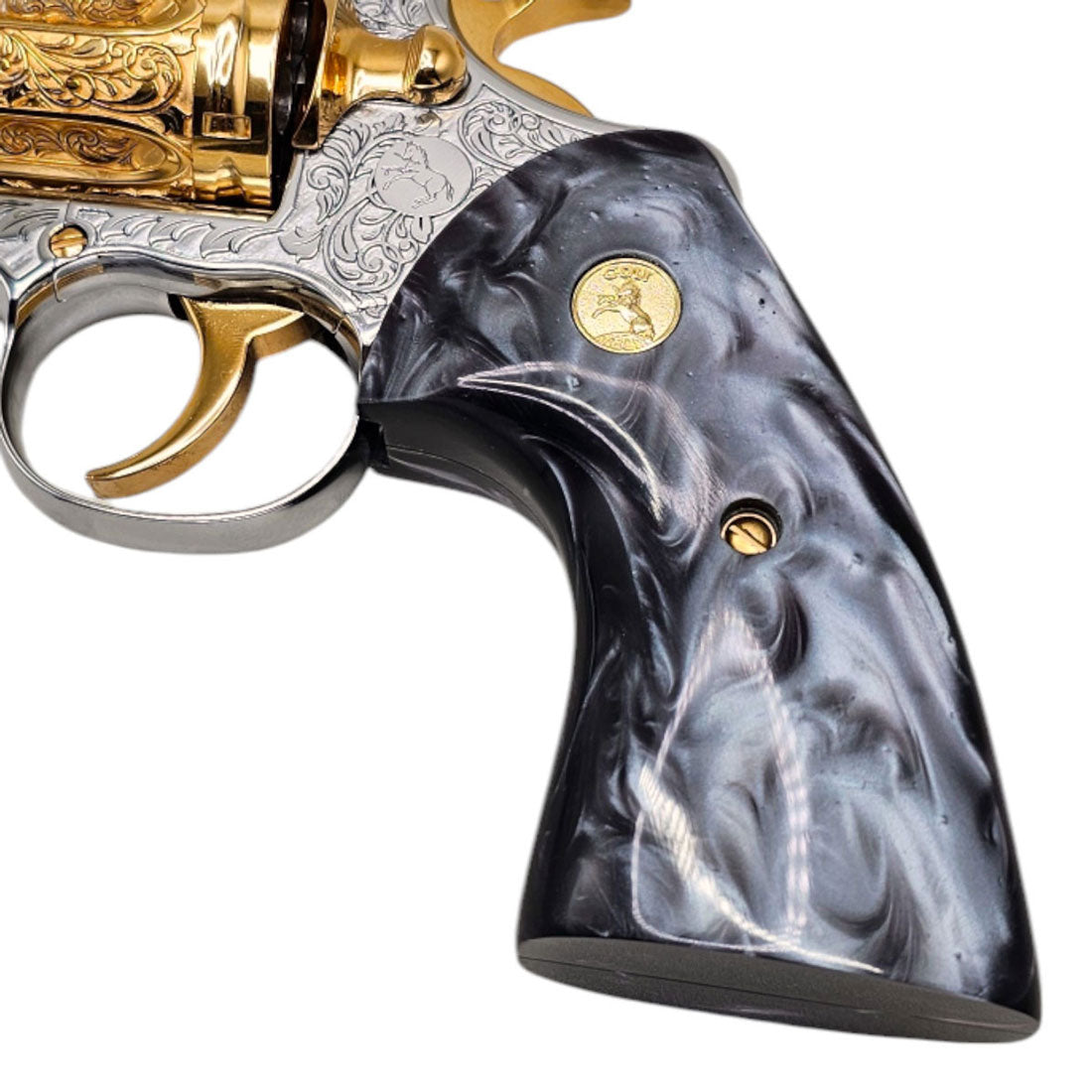 CNC-fit black polymer grip on engraved Colt revolver with gold hardware