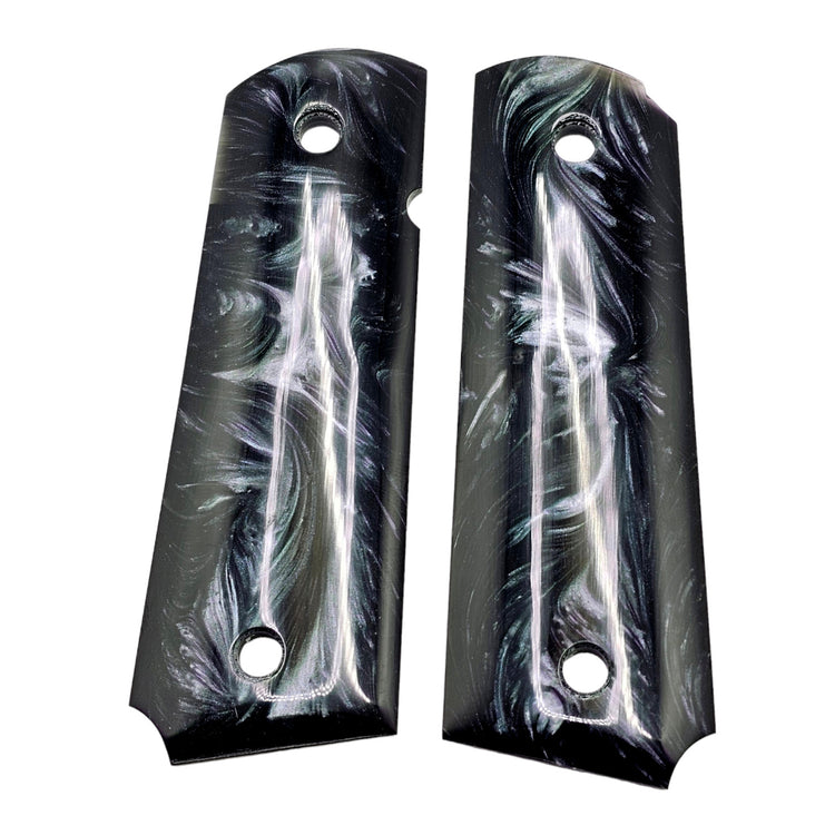 Close-up of CNC-fit black pearl grips for full-size 1911 frames