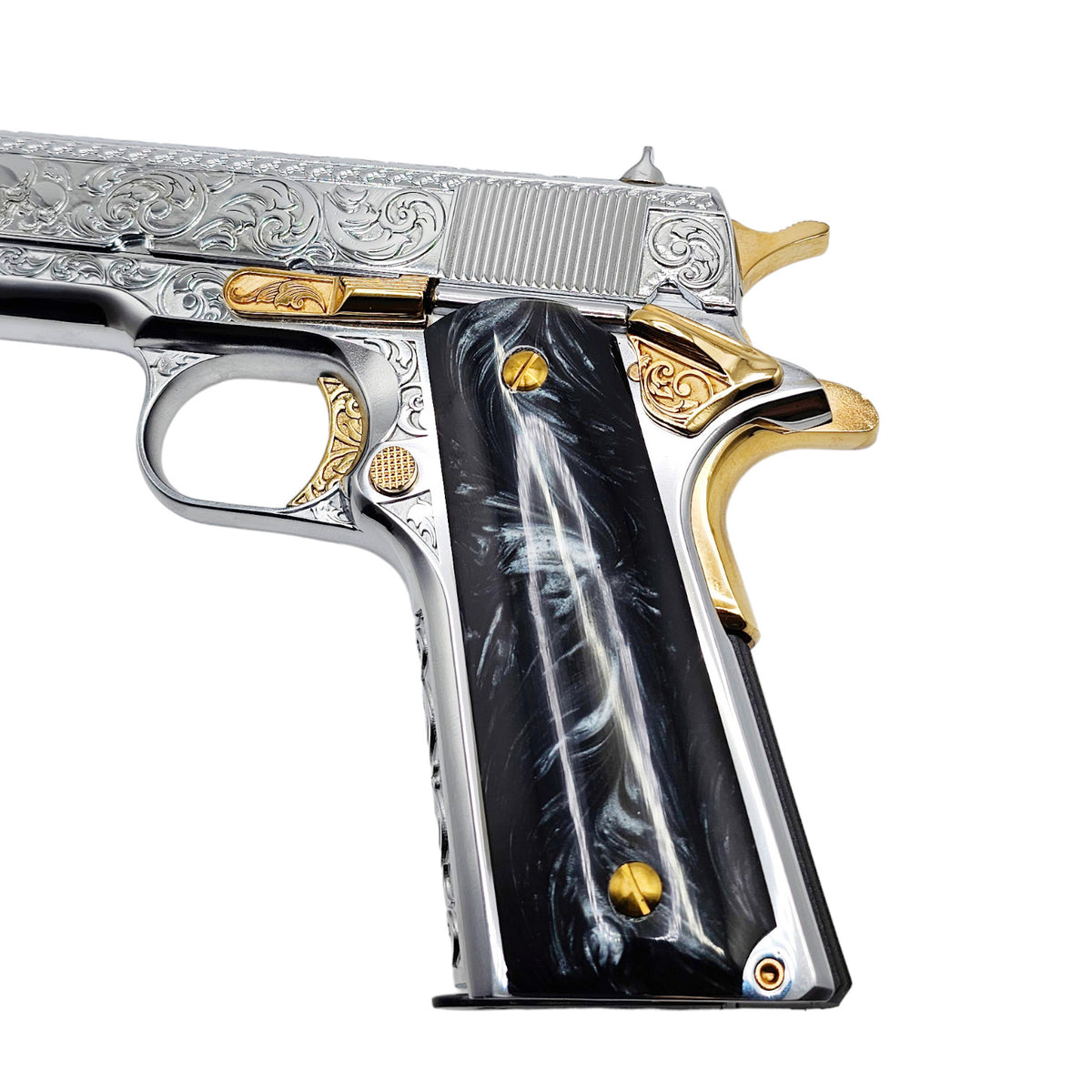 Installed view of black pearl grips on a 1911-style frame for reference