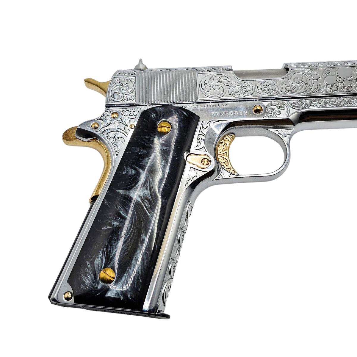 Gold screw accessories included with black pearl 1911 grips