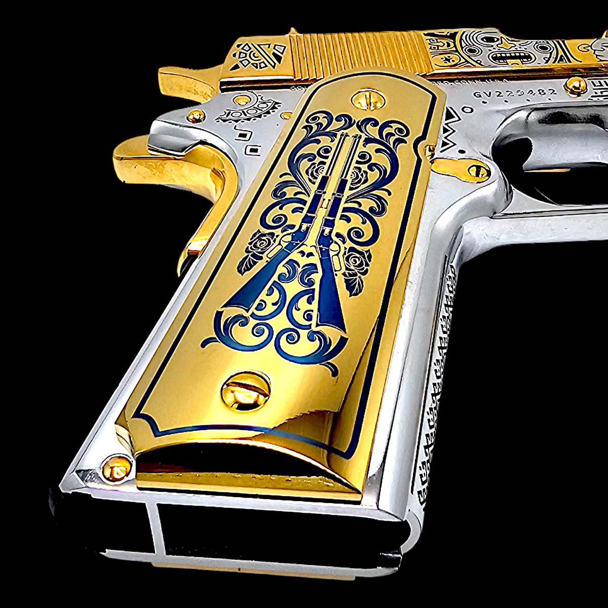 Custom gold-plated 1911 grips featuring intricate Brothers in Arms design

