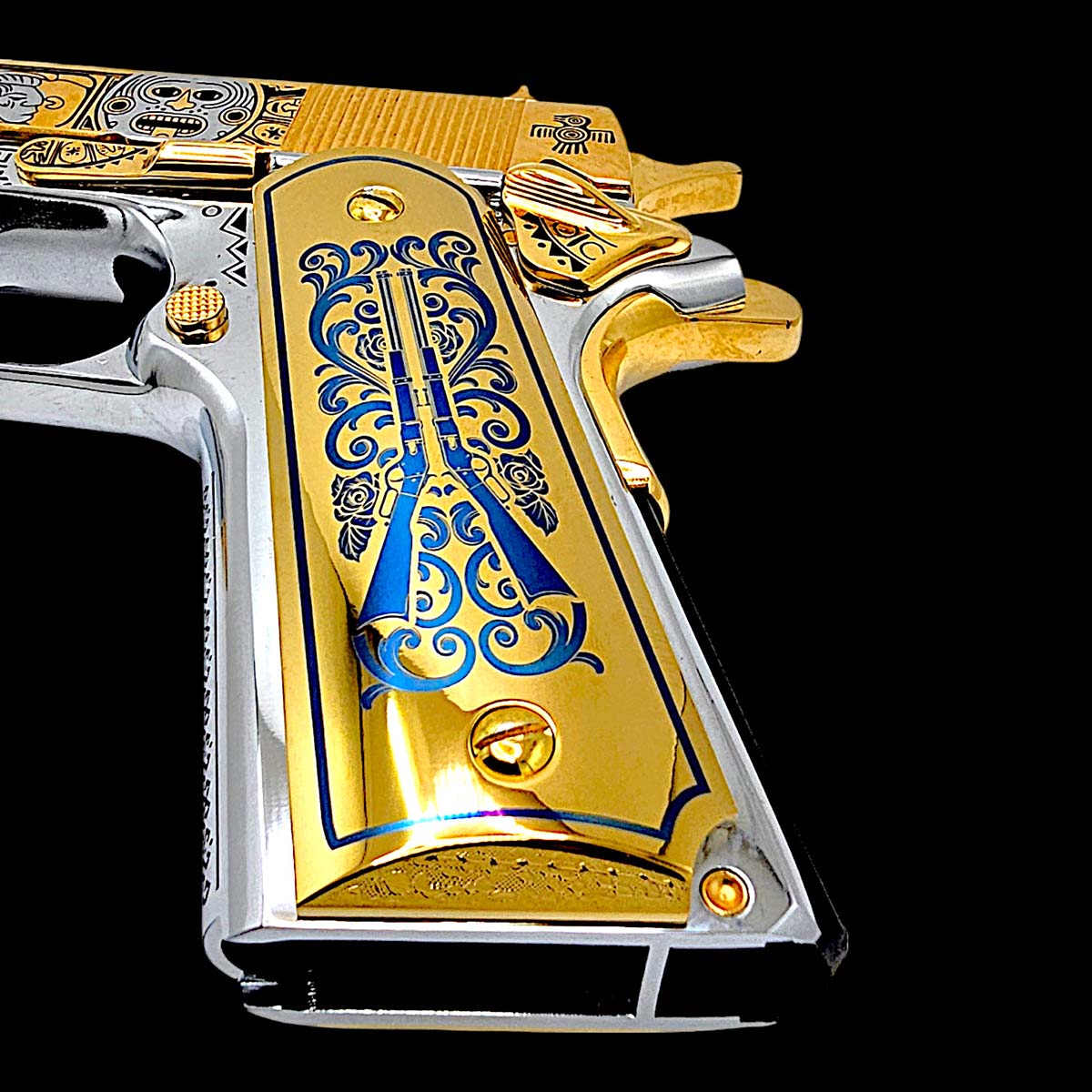 Luxury aluminum pistol grips for 1911 with mirror finish and gold screws

