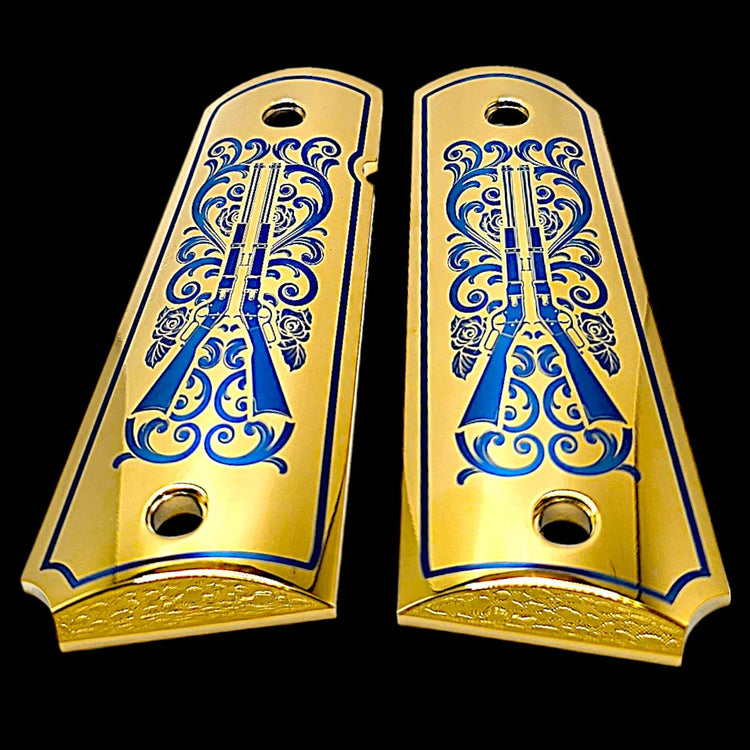 1911 full-size pistol grips with Brothers in Arms engraving and 24K gold plating

