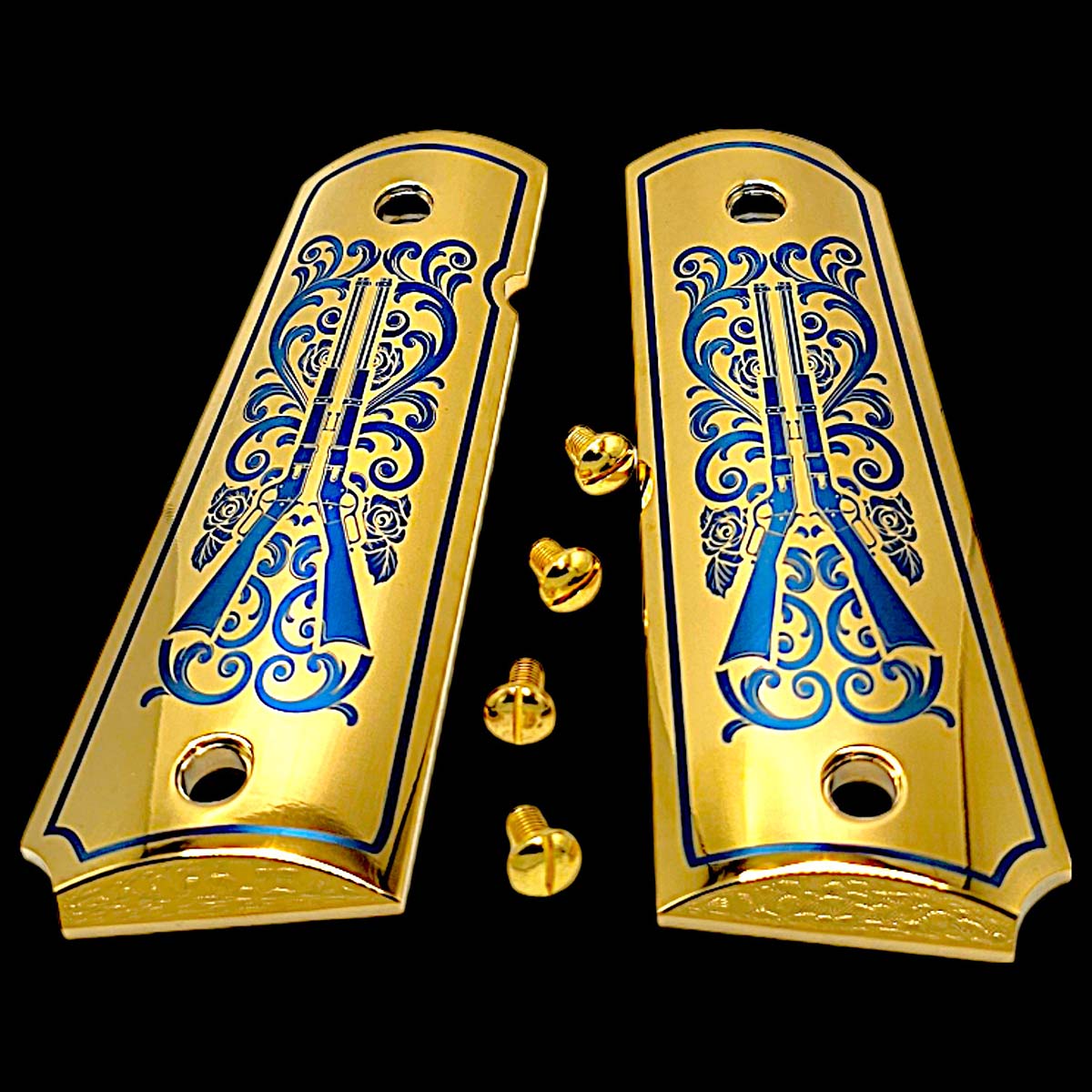 Close-up of Brothers in Arms engraved 1911 grips with gold screws

