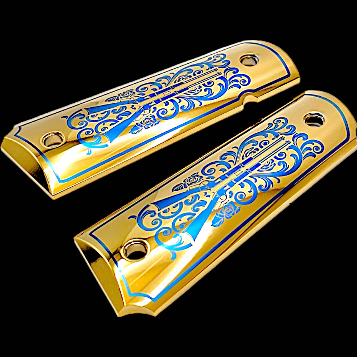 24K gold-plated 1911 grips with precision CNC cutting and unique engraving

