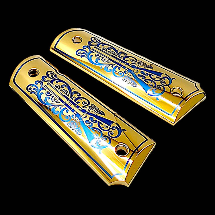 Full-size 1911 grips in polished aluminum and 24K gold with detailed engraving

