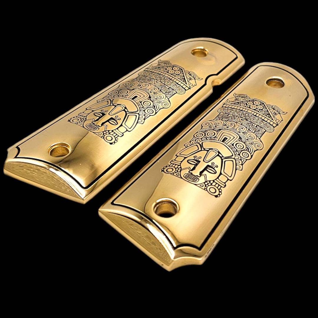 アンティークな黄銅製持ち手付き手焙り（波兎や雷紋などの装飾金工） 24K Gold Plated 1911 Pistol Grips - Full Size - Mayan Aztec