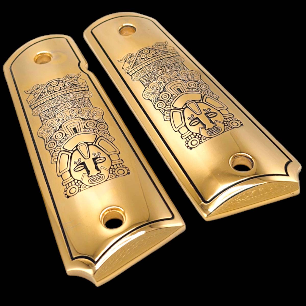 High-end aluminum 1911 grips, mirror-polished with Aztec-inspired artwork

