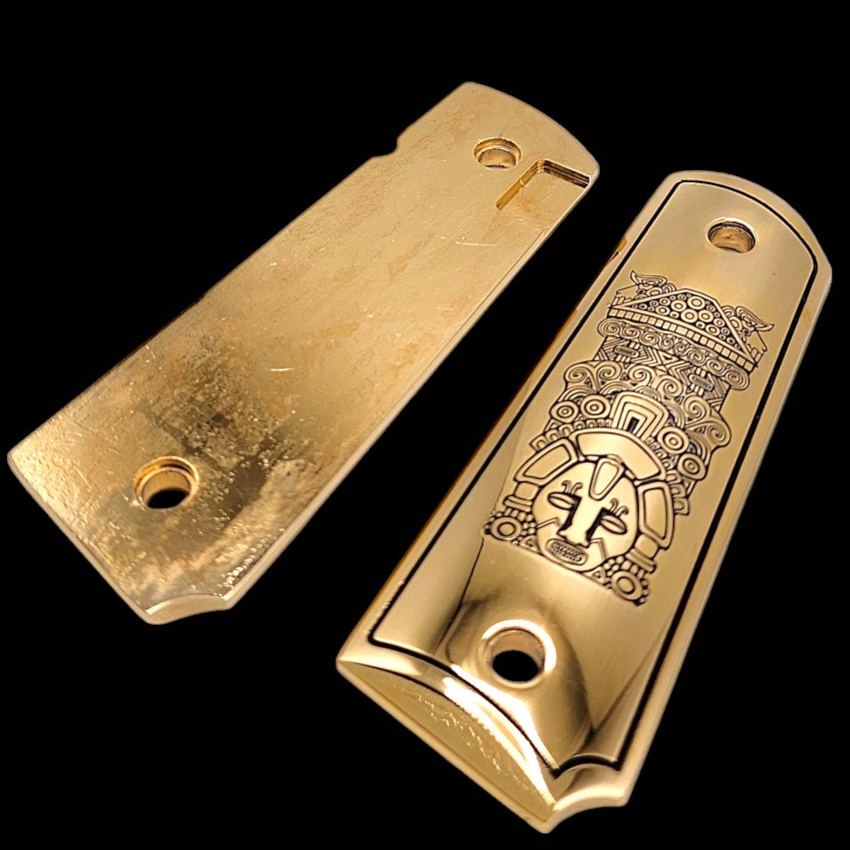 Custom-made 1911 pistol grips in 24K gold with Aztec design and USA craftsmanship

