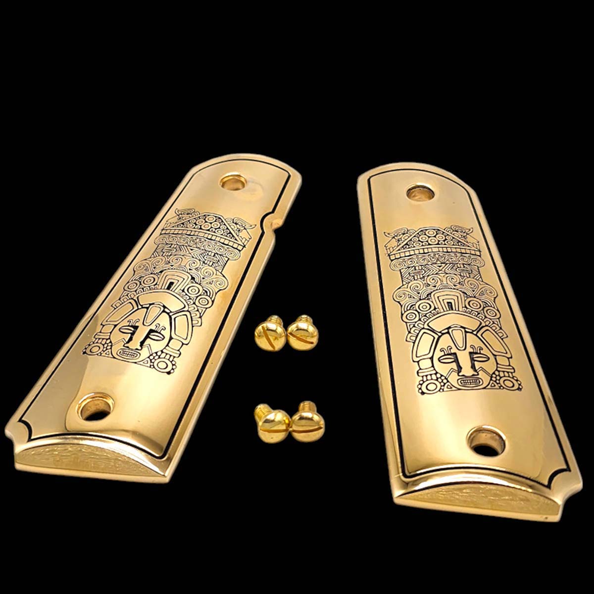 Aztec Warrior engraved pistol grips with gold-plated screws for full-size 1911 models

