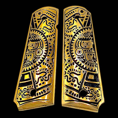 "1911 full-size pistol grips with intricate Mayan Calendar engraving, 24K gold plated."

