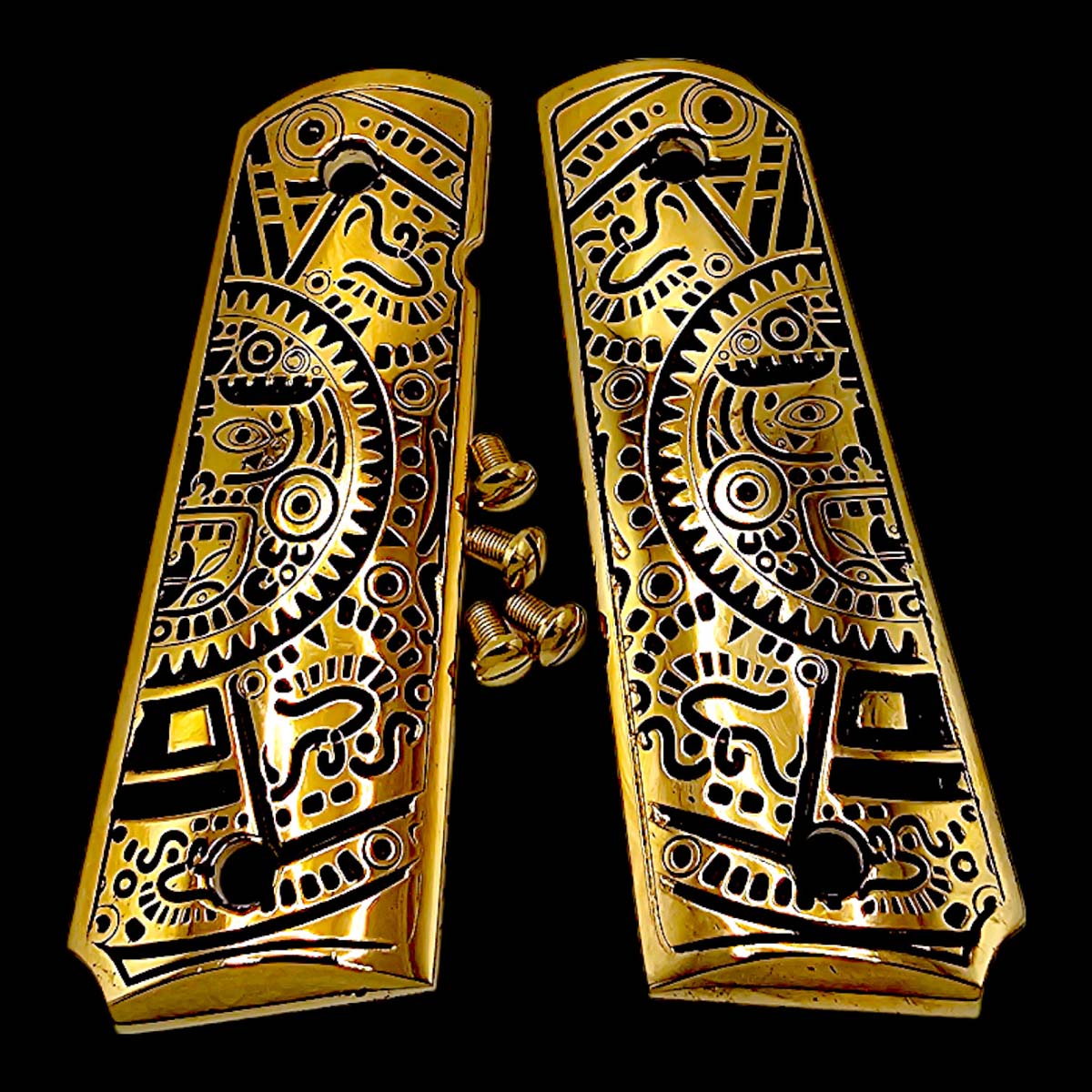 "Custom Mayan Calendar engraved 1911 grips, CNC precision cut and gold plated."

