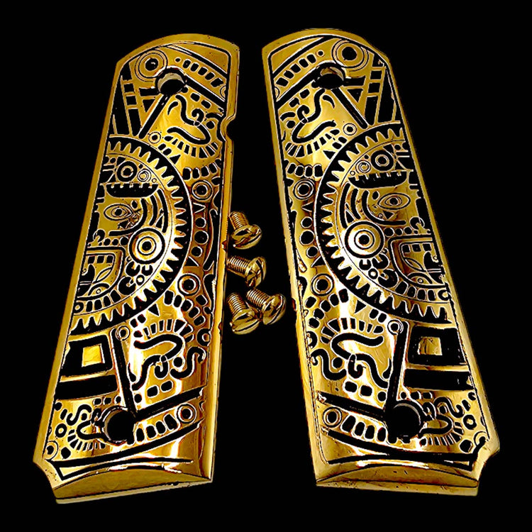 "Custom Mayan Calendar engraved 1911 grips, CNC precision cut and gold plated."

