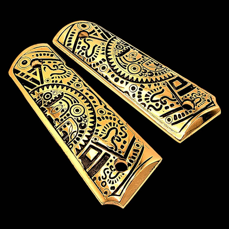 "Luxury 1911 pistol grips with deep engraving of the Mayan Calendar, gold plated."

