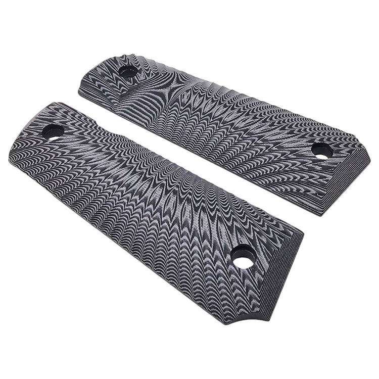 Close-up of CNC-cut 1911 gray and black G10 sunburst grips