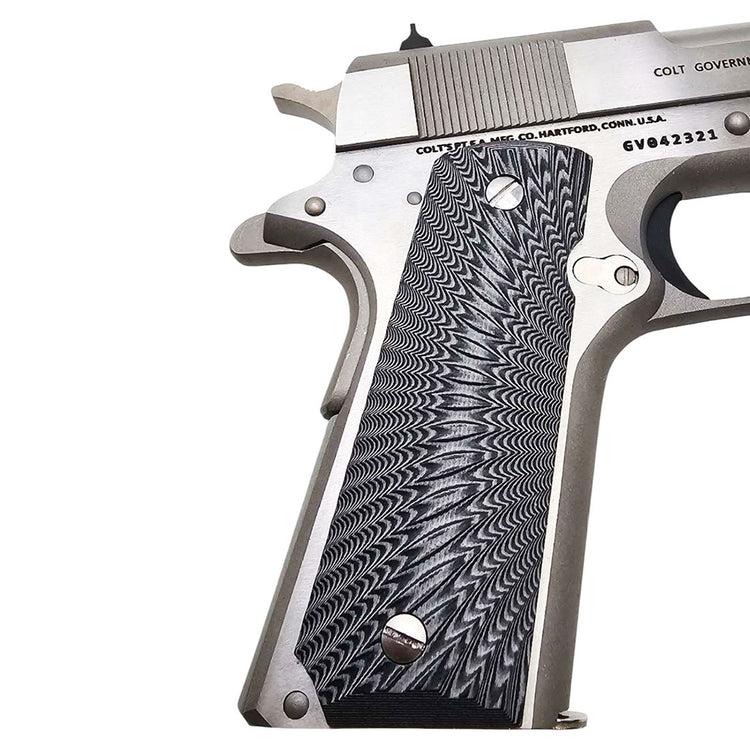 Textured gray and black sunburst grips for full-size 1911 pistols