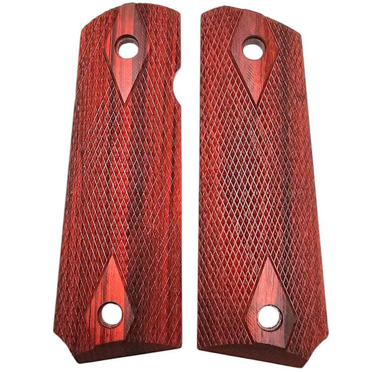 Colt 1911 full size rosewood grips with double diamond checkering and ambi cut, precision CNC machined for Government Series 70 pistols.