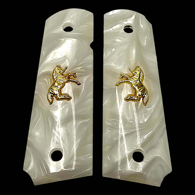 White pearl 1911 pistol grips with 24K gold Colt Horse emblem