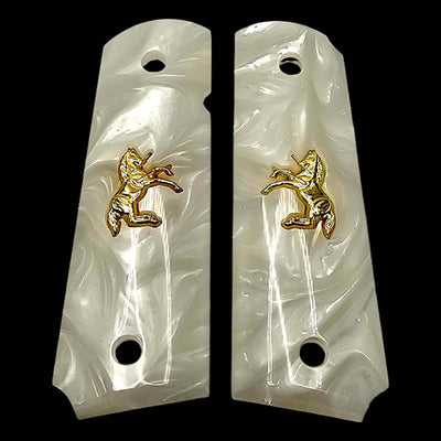 White pearl 1911 pistol grips with 24K gold Colt Horse emblem