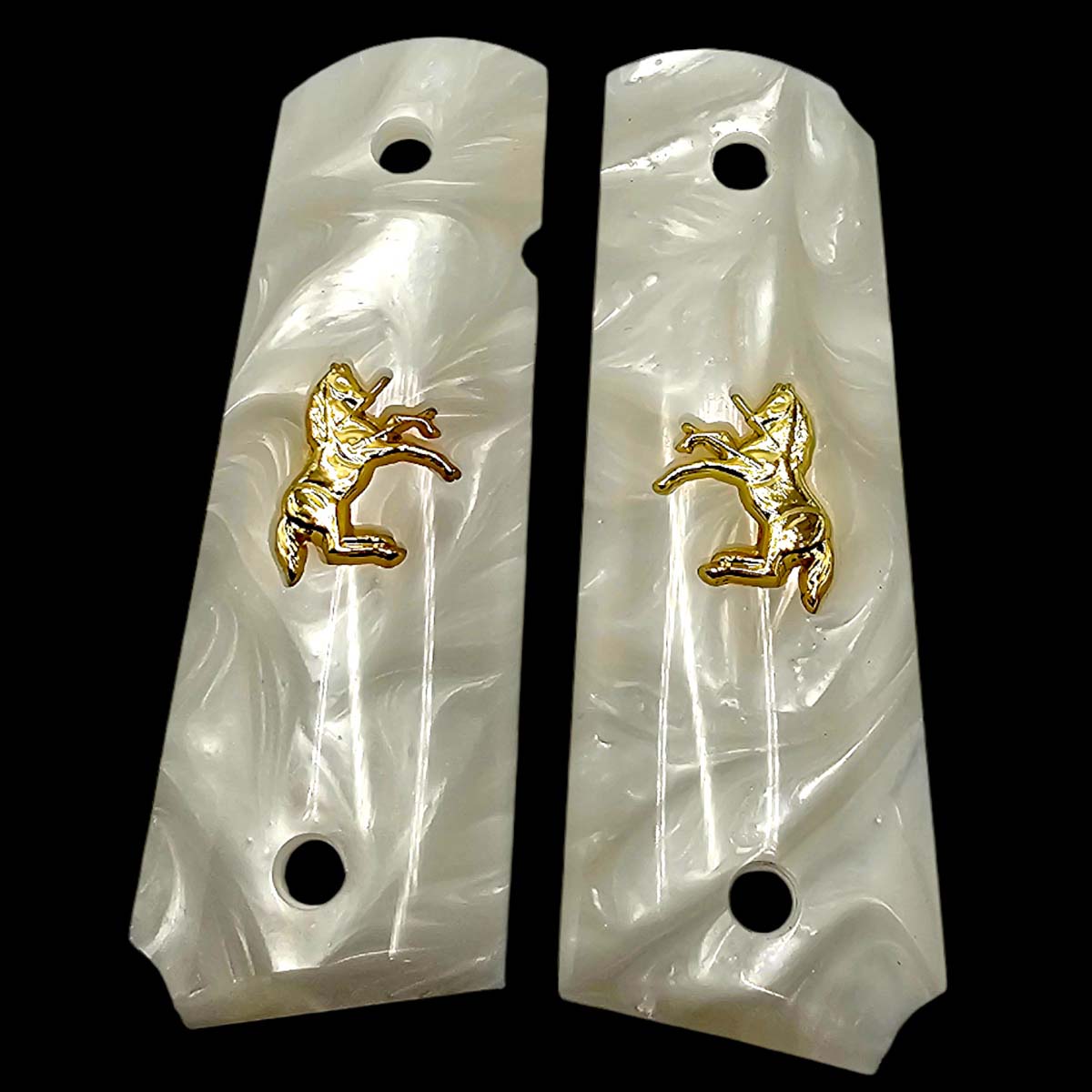White pearl commander size 1911 grips with gold Colt logo