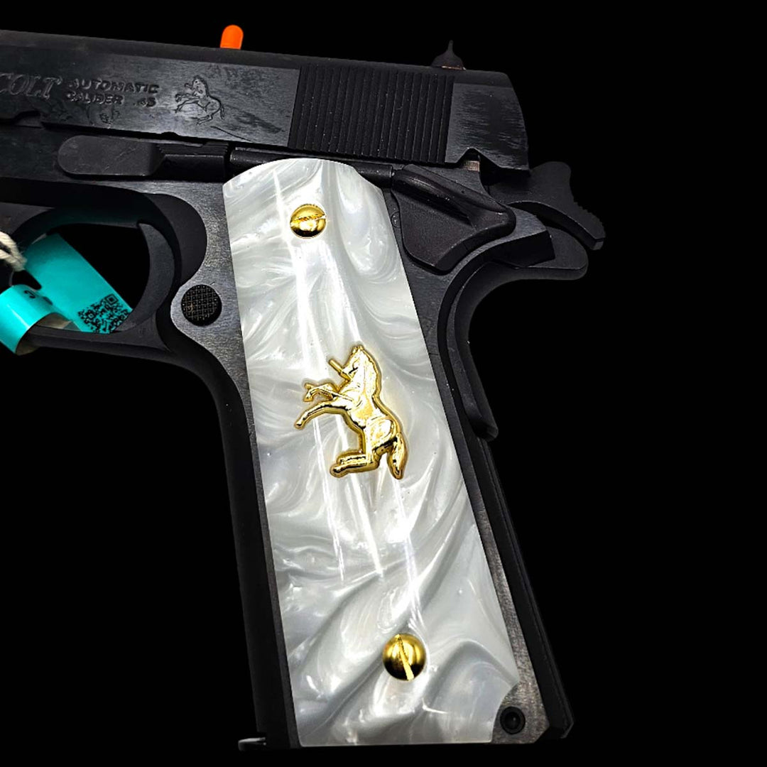 White Pearl Resin Colt Logo Horse Grips For 1911 Full Size - Kimber, Springfield, Auto Ordnance