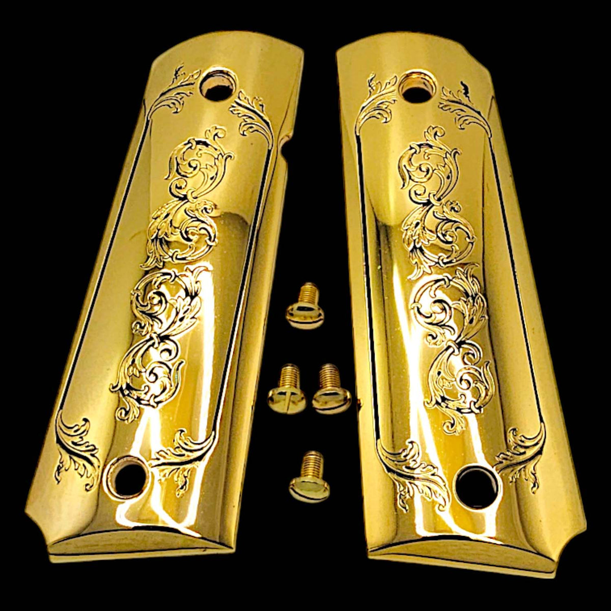 Precision CNC-cut 1911 gold grips with matching gold screws included

