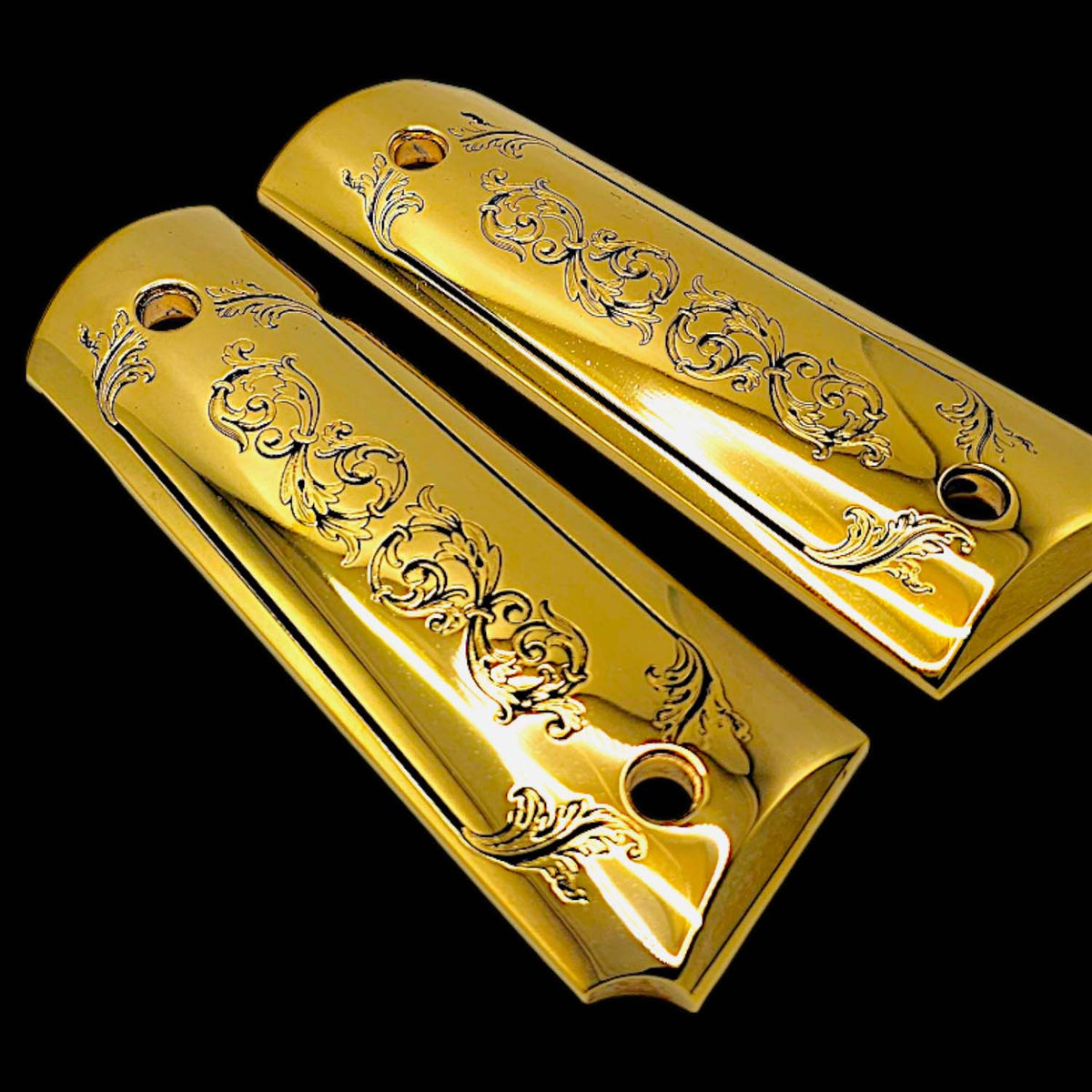 24K gold plated 1911 pistol grips with deep filigree scroll engraving

