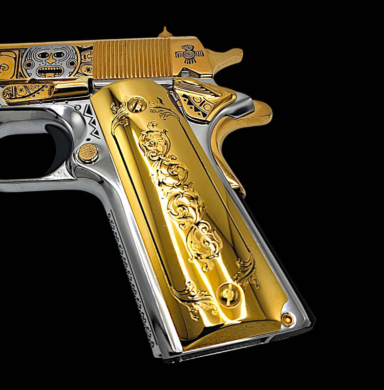 Luxury 1911 gun grips with scroll art and 24K gold plating – front view

