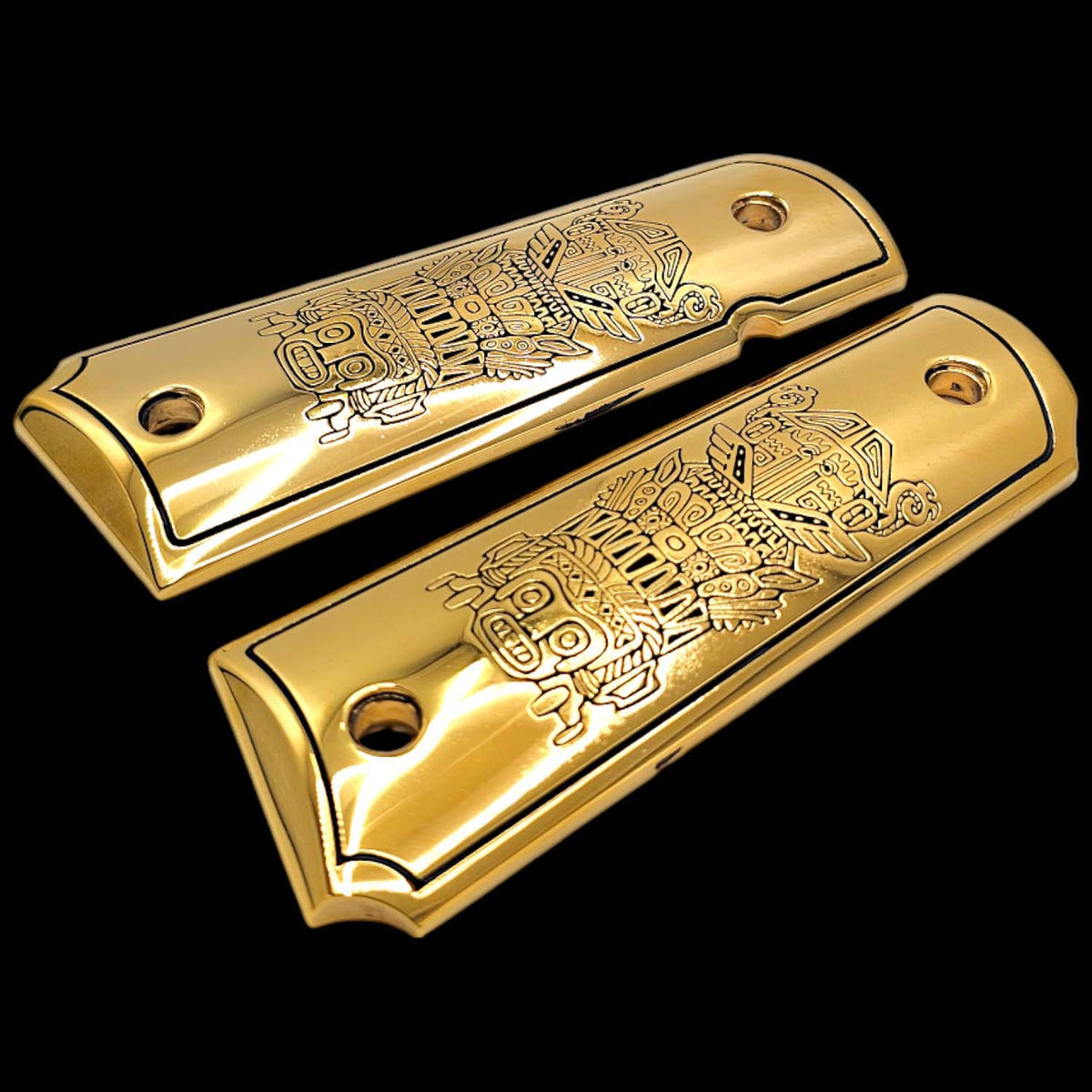 CNC-machined aluminum 1911 grips – mirror polished gold finish


