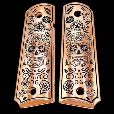 1911 full size pistol grips in 18K rose gold with Dia de los Muertos skull design