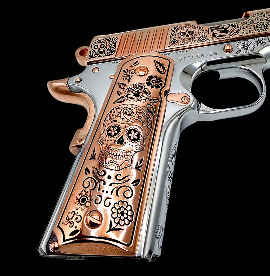 1911 Rose Gold Grips – Dia de los Muertos Skull Design – The Grip USA