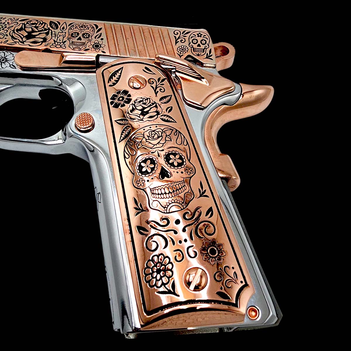 1911 Rose Gold Grips – Dia de los Muertos Skull Design – The Grip USA
