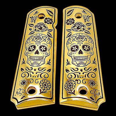 1911 full size pistol grips in 24K yellow gold with Dia de los Muertos skull design