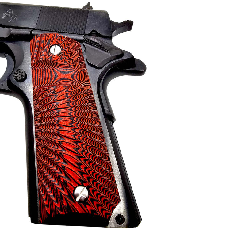 Scratch-resistant red and black 1911 grips made from G10