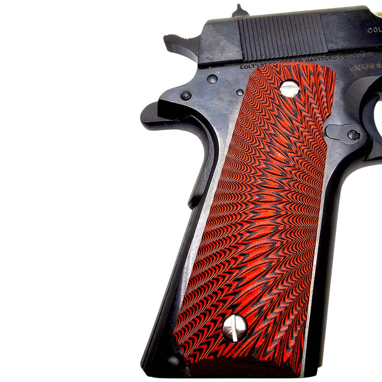 Ambi safety cut red and black G10 grips for 1911 handguns