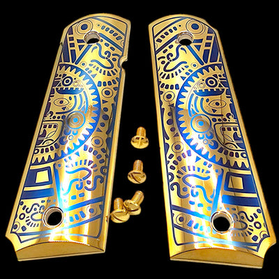 24K gold plated 1911 pistol grips with Mayan Aztec design, full size aluminum, ambidextrous cut, mirror polished finish.