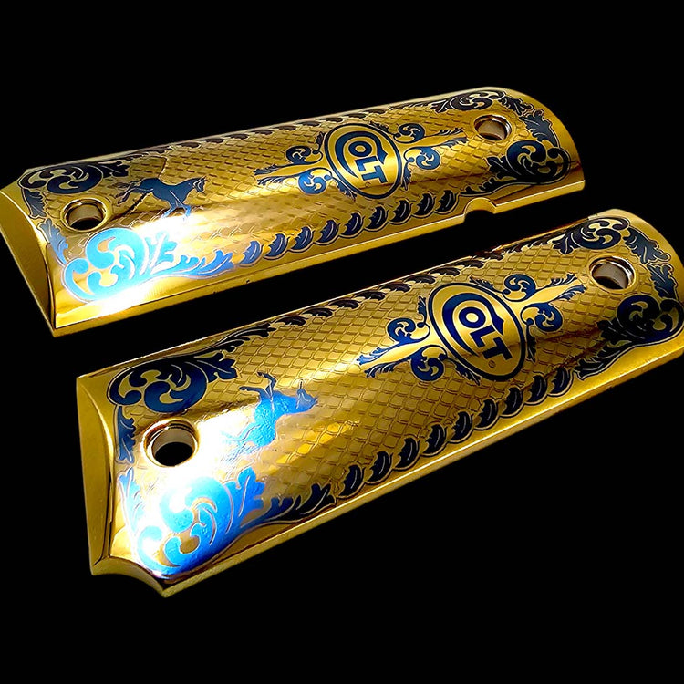 Colt Scroll engraved 1911 pistol grips, gold plated, aluminum, ambi cut, for Colt and compatible firearms