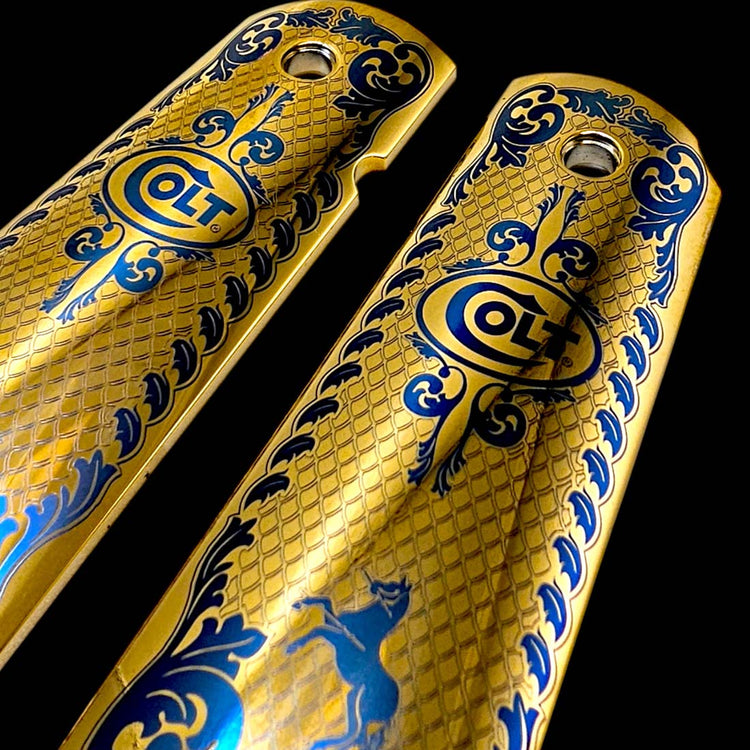 Gold plated Colt 1911 pistol grips, full size, ambidextrous, with Colt Scroll and insignia
