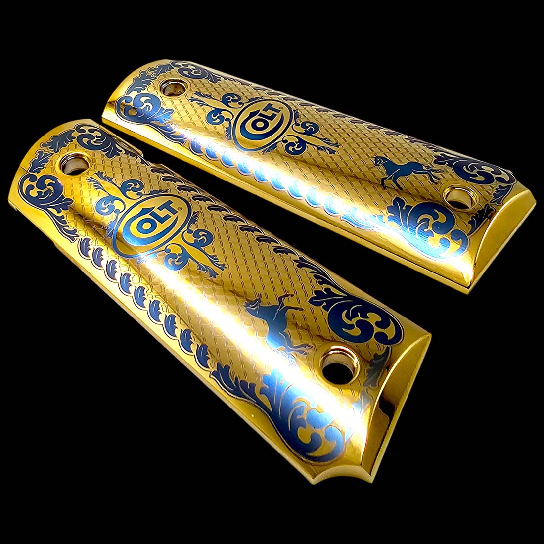 Premium 1911 firearm grips in 24K gold plated aluminum, classic Colt Scroll laser engraving