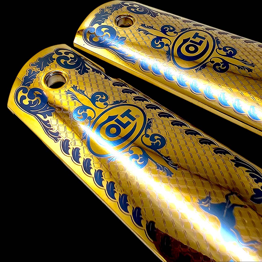 1911 pistol grips, 24K gold plated, laser engraved Colt Scroll design, fits government model firearms