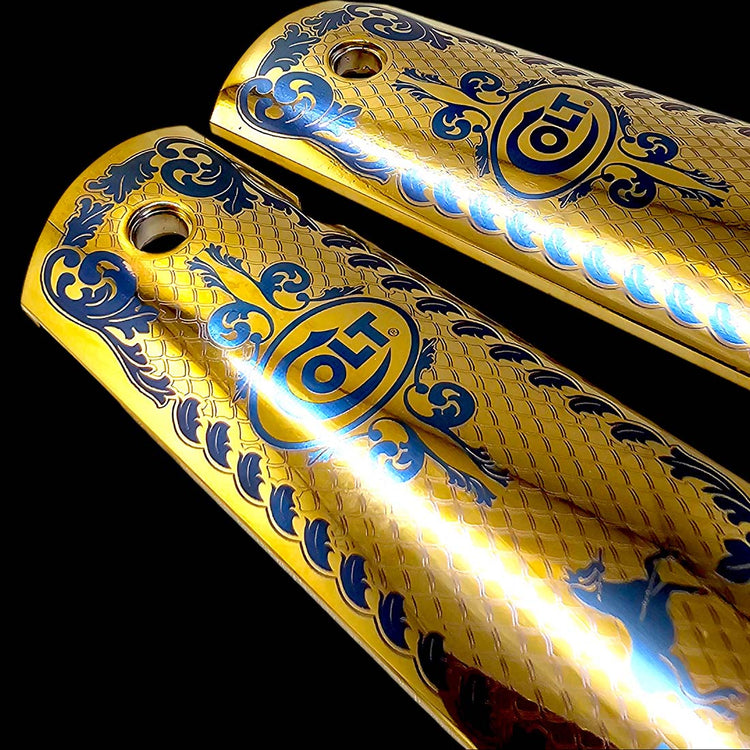 1911 pistol grips, 24K gold plated, laser engraved Colt Scroll design, fits government model firearms