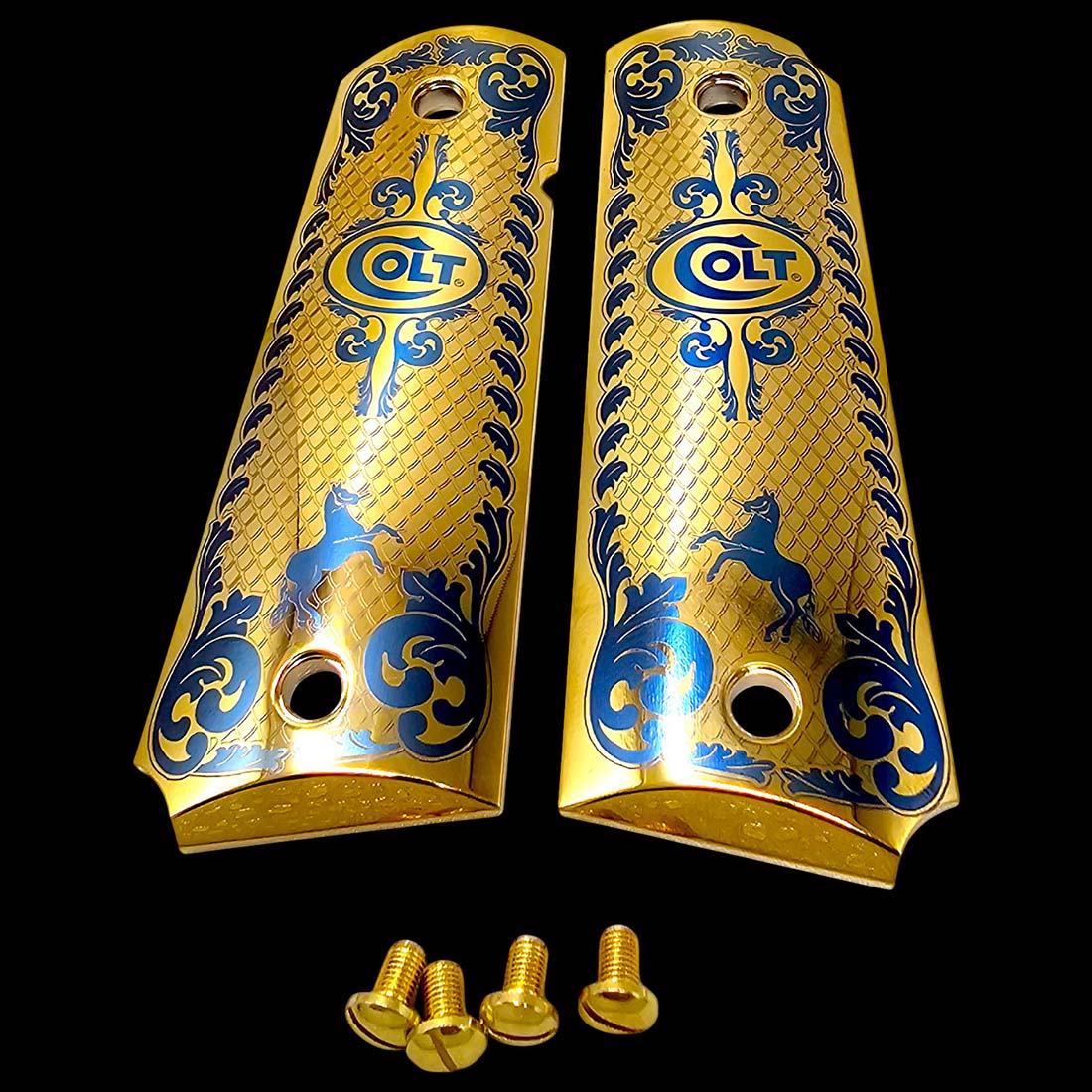Colt Scroll design 1911 pistol grips, gold plated aluminum, includes 4 matching screws, fits most 1911 firearms